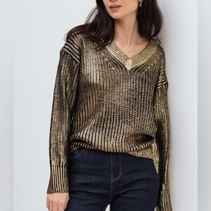 Chic Black and Gold V-Neck Sweater